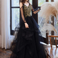 Black Long Sleeves Tulle Long Prom Dress with Gold Appliques,DP1090