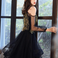 Black Long Sleeves Tulle Long Prom Dress with Gold Appliques,DP1090