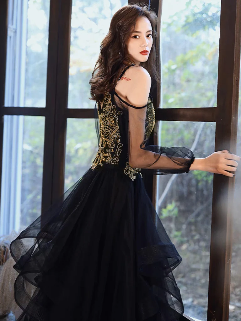 Black Long Sleeves Tulle Long Prom Dress with Gold Appliques,DP1090