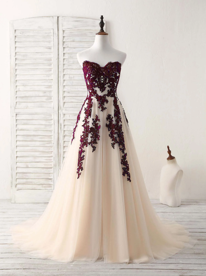 Elegant Strapless A-Line Tulle Appliques Formal Prom Dress,DP1091