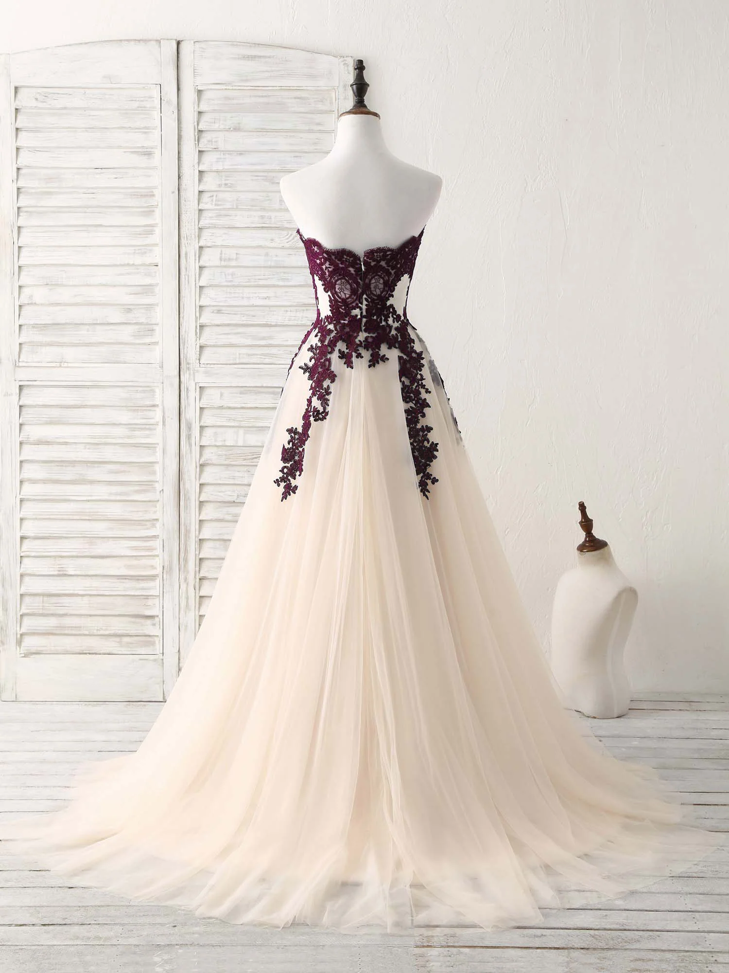 Elegant Strapless A-Line Tulle Appliques Formal Prom Dress,DP1091