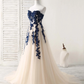 Elegant Strapless A-Line Tulle Appliques Formal Prom Dress,DP1091