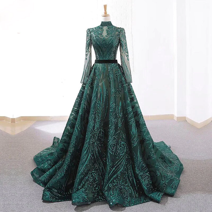 Emerald Green Sequin Muslim Evening Dress Long Sleeves Party Dress,DP1092