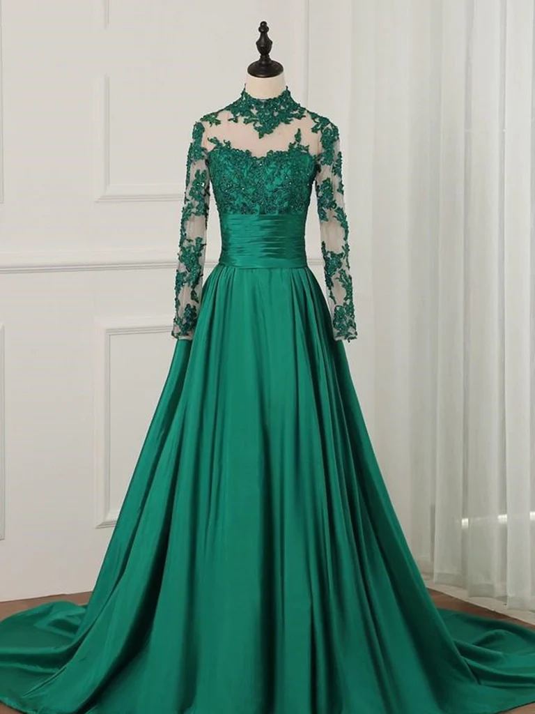 Green A-Line Long Sleeves High Neck Lace Prom Dress Formal Dress,DP1094