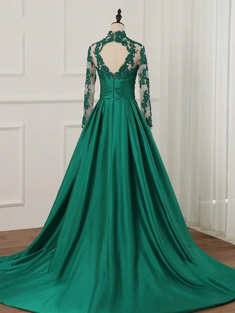 Green A-Line Long Sleeves High Neck Lace Prom Dress Formal Dress,DP1094