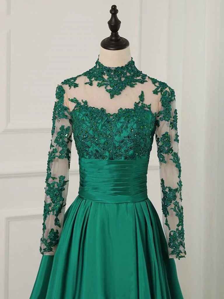 Green A-Line Long Sleeves High Neck Lace Prom Dress Formal Dress,DP1094