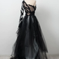 Black and Gray Tulle Lace One Shoulder Long Prom Dresses,DP1095