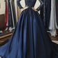 Navy Blue Off Shoulder Long Sleeves A-line Applique Formal Prom Dress,DP1096