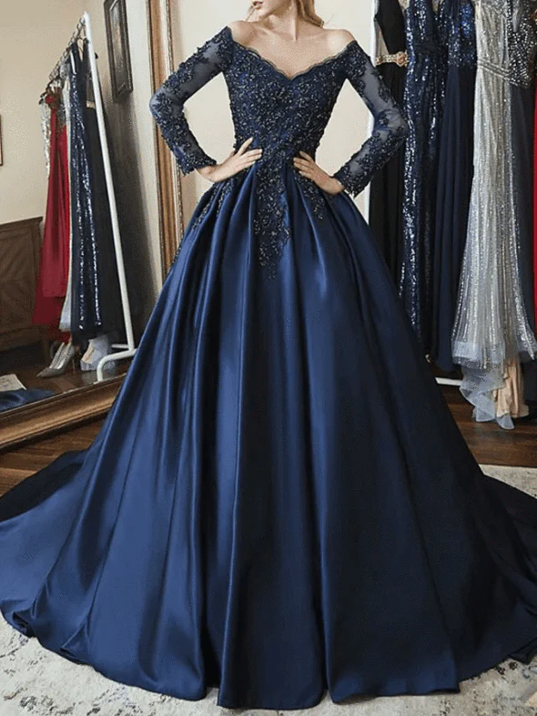 Navy Blue Off Shoulder Long Sleeves A-line Applique Formal Prom Dress,DP1096