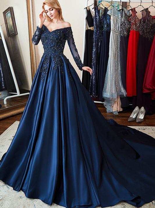 Navy Blue Off Shoulder Long Sleeves A-line Applique Formal Prom Dress,DP1096