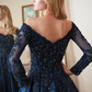 Navy Blue Off Shoulder Long Sleeves A-line Applique Formal Prom Dress,DP1096