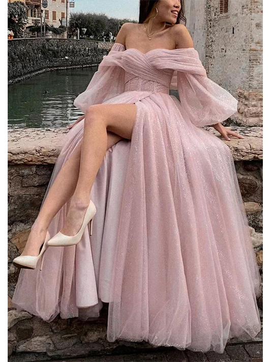 Charming Off The Shoulder Long Sleeves A-Line Tulle Long Formal Dress With Slit,DP1101