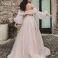 Charming Off The Shoulder Long Sleeves A-Line Tulle Long Formal Dress With Slit,DP1101