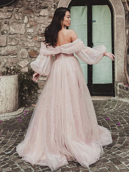 Charming Off The Shoulder Long Sleeves A-Line Tulle Long Formal Dress With Slit,DP1101