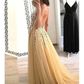 Charming A-Line Tulle V-Neck Floor Length Prom Evening Dresses With Beads,DP1102