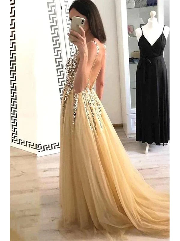 Charming A-Line Tulle V-Neck Floor Length Prom Evening Dresses With Beads,DP1102