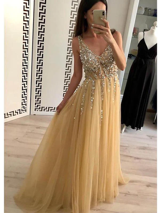 Charming A-Line Tulle V-Neck Floor Length Prom Evening Dresses With Beads,DP1102