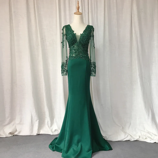 Green Long Sleeves Appliques Mermaid Formal Prom Dress,DP1103