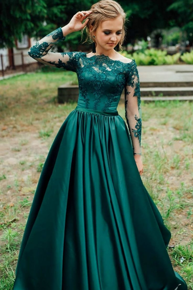 Green Off-The-Shoulder Satin Lace Long Sleeves Evening Dress,DP1105