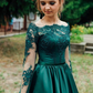 Green Off-The-Shoulder Satin Lace Long Sleeves Evening Dress,DP1105