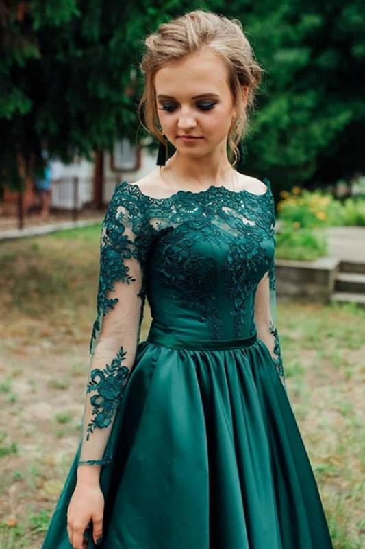 Green Off-The-Shoulder Satin Lace Long Sleeves Evening Dress,DP1105