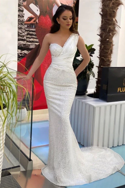 Glitter White One Shoulder Mermaid Long Formal Prom Dress Evening Dress,DP1106