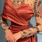 Elegant Russet Long Sleeves Satin Prom Dress with Ruffles,DP1108