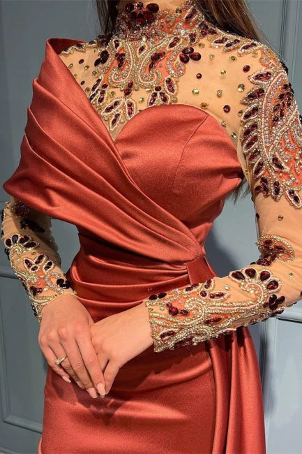 Elegant Russet Long Sleeves Satin Prom Dress with Ruffles,DP1108