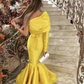 Yellow One Shoulder Satin Mermaid Formal Party Dress,DP1109