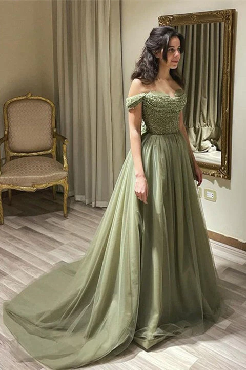 Green A-line Off-the-shoulder Sequined Beading Long Prom Dress,DP1111