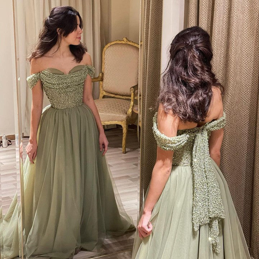 Green A-line Off-the-shoulder Sequined Beading Long Prom Dress,DP1111