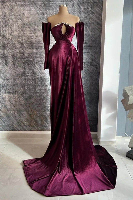 Long Velvet Sequined Detachable Sleeves Prom Dress With Train,DP1112