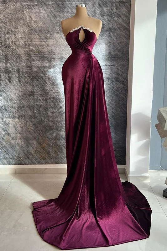 Long Velvet Sequined Detachable Sleeves Prom Dress With Train,DP1112