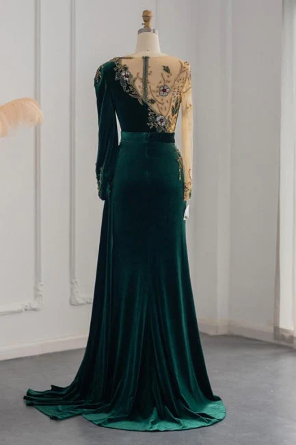 Dark Green Long Sleeves Jewel Mermaid Evening Dresses Prom Gowns With Ruffles,DP1116