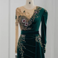 Dark Green Long Sleeves Jewel Mermaid Evening Dresses Prom Gowns With Ruffles,DP1116