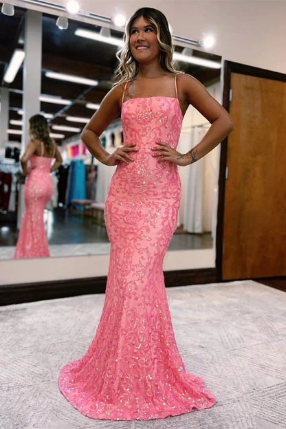 Pink Spaghetti Straps Mermaid Long Prom Dress With Lace,DP1117