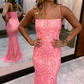 Pink Spaghetti Straps Mermaid Long Prom Dress With Lace,DP1117