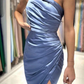 Simple Dusty Blue Long One Shoulder Sleeveless Prom Dresses With Slit,DP1119