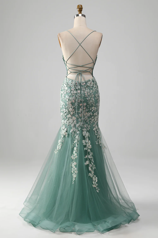 Light Green Lace-up Back Long Prom Dress With Appliques,DP1121