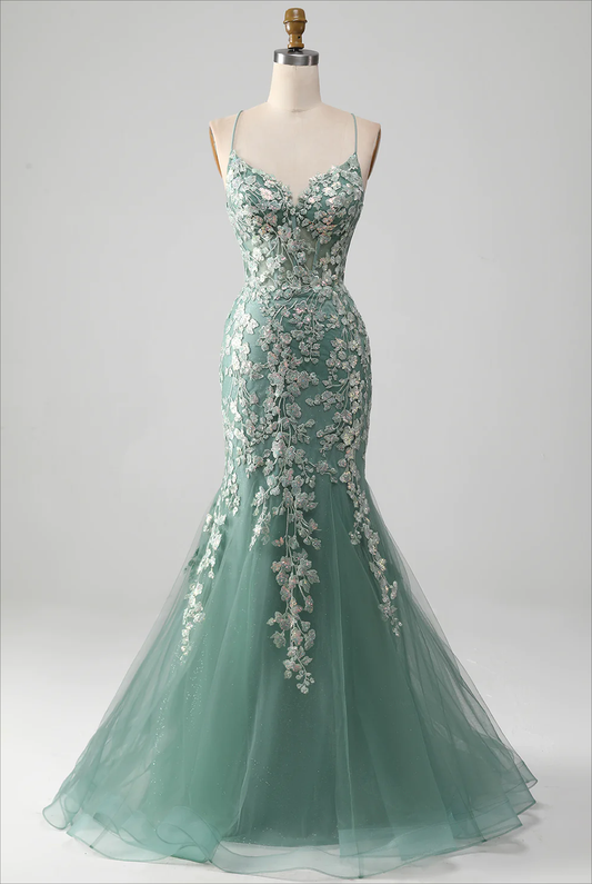 Light Green Lace-up Back Long Prom Dress With Appliques,DP1121