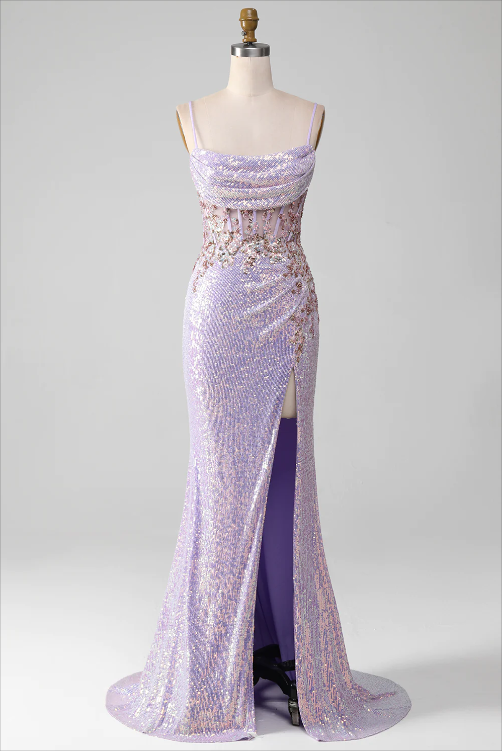 Lilac Sparkly Spaghetti Straps Mermaid Prom Dress With Slit,DP1122