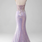 Lilac Sparkly Spaghetti Straps Mermaid Prom Dress With Slit,DP1122