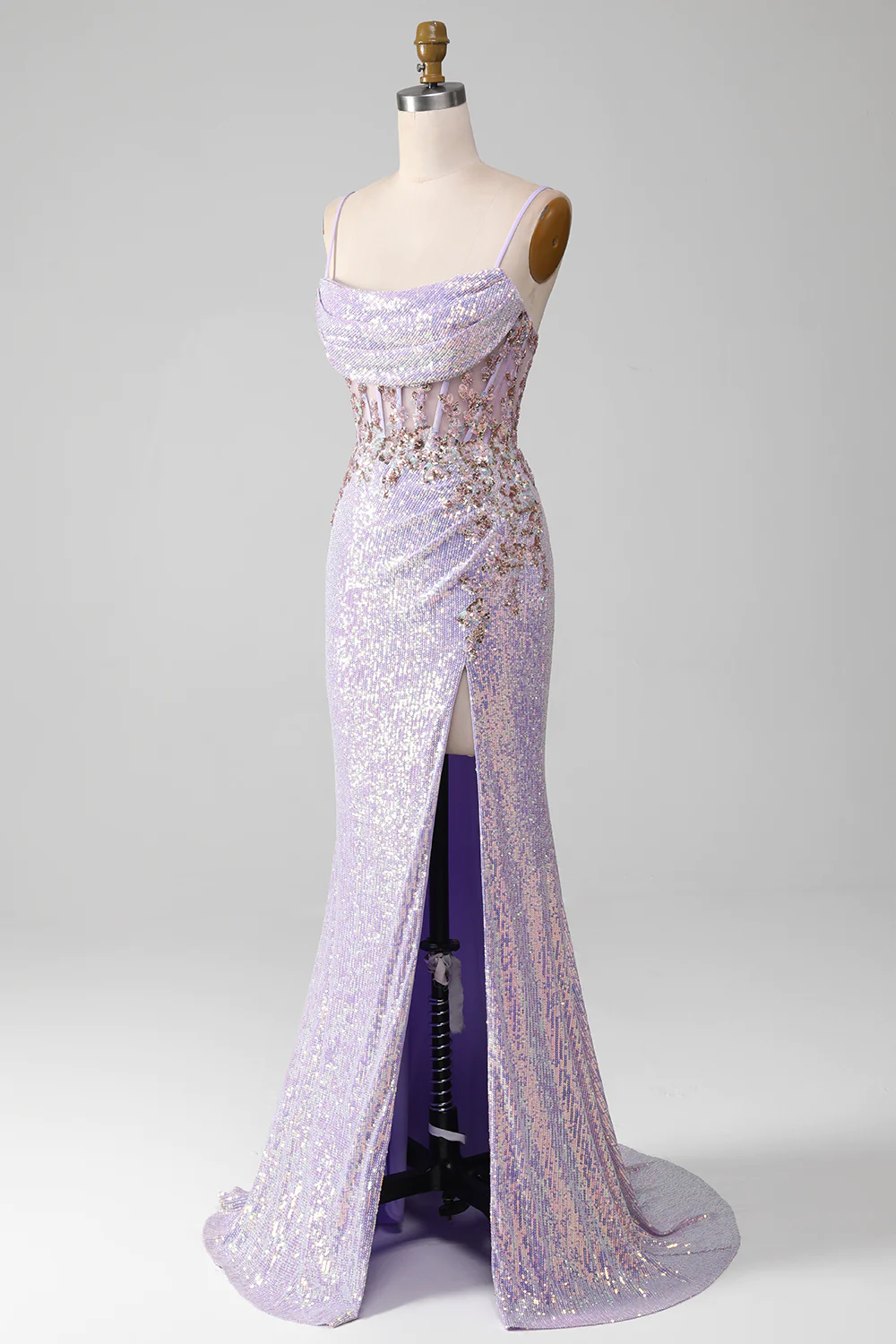 Lilac Sparkly Spaghetti Straps Mermaid Prom Dress With Slit,DP1122