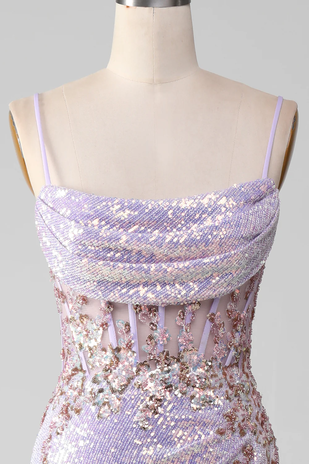 Lilac Sparkly Spaghetti Straps Mermaid Prom Dress With Slit,DP1122