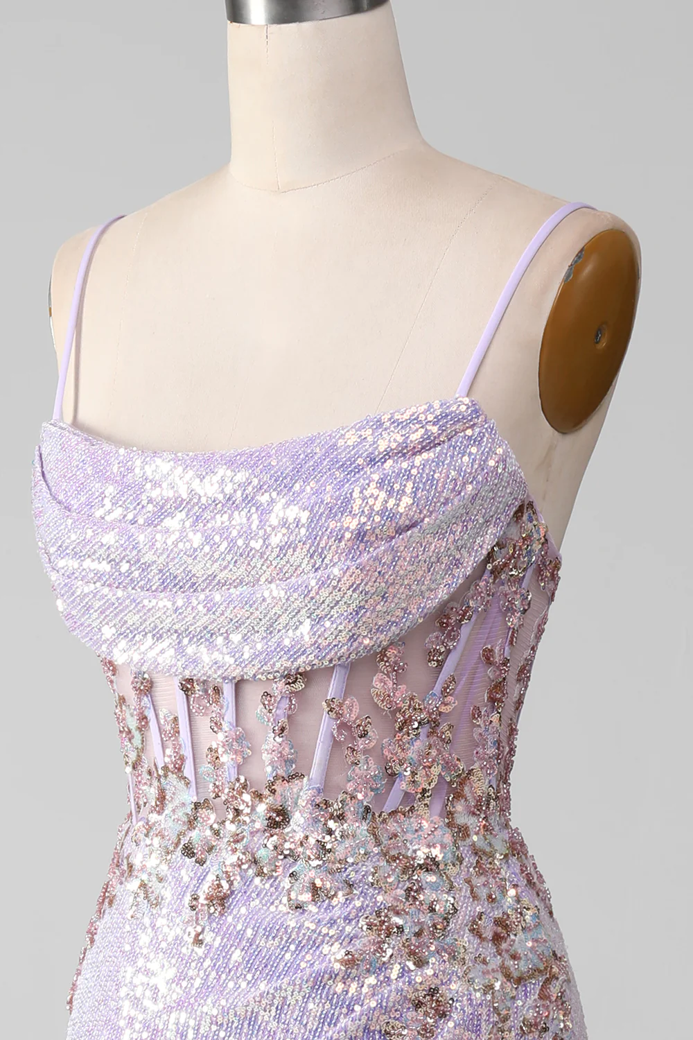 Lilac Sparkly Spaghetti Straps Mermaid Prom Dress With Slit,DP1122