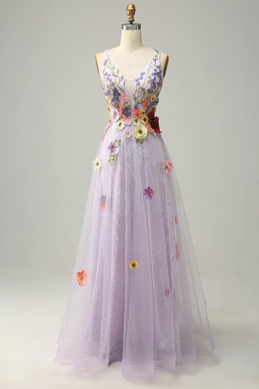 Lavender A-Line Deep V Neck Long Prom Dress With Appliques,DP1125