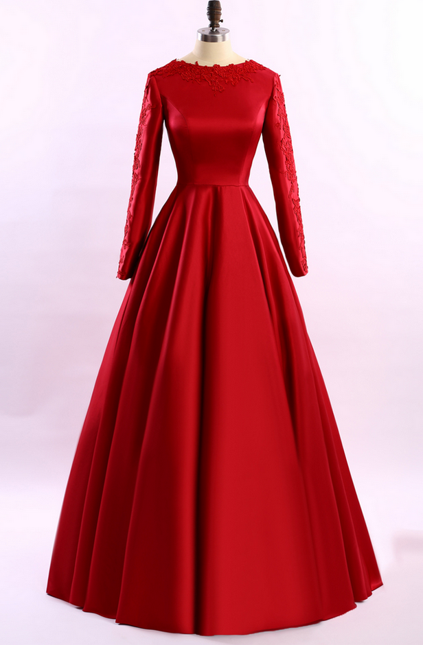 Simple Red Long Sleeves A-Line Long Evening Dress Formal Dress,DP1131