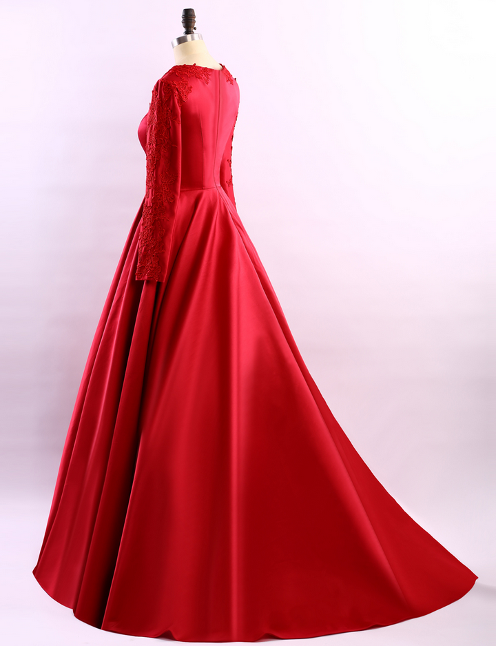 Simple Red Long Sleeves A-Line Long Evening Dress Formal Dress,DP1131