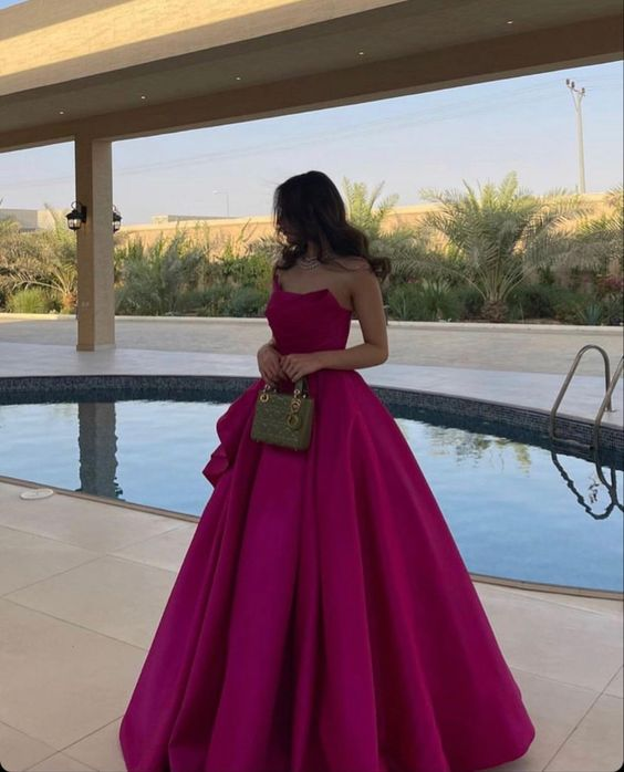 Fuchsia A-Line Strapless Long Prom Dress Evening Party Dress,DP1135