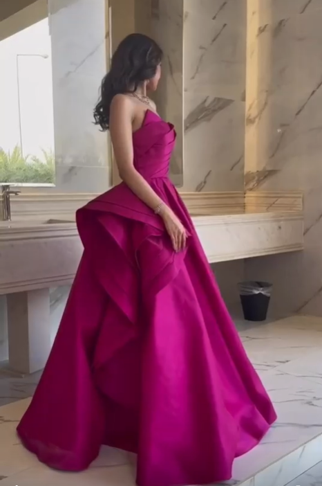 Fuchsia A-Line Strapless Long Prom Dress Evening Party Dress,DP1135